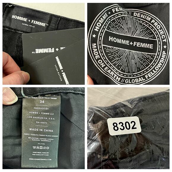 Homme + Femme NEW Jeans Mens Sz 34 Black Straight Leg Torn Pocket Cotton Blend - Picture 10 of 10